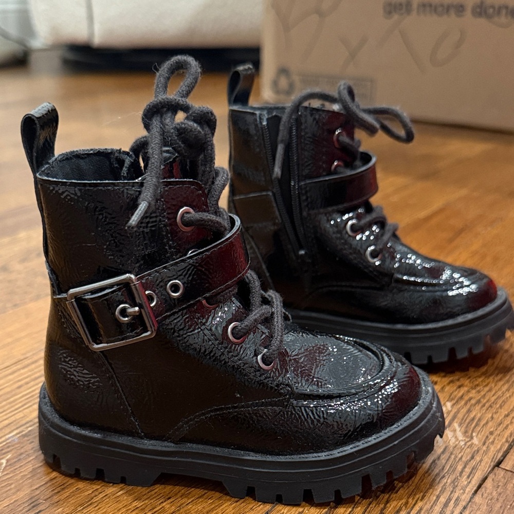 Zara Black Patent Lace-Up Combat Boots with Buckle